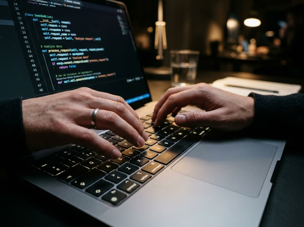 Hands typing code on laptop keyboard